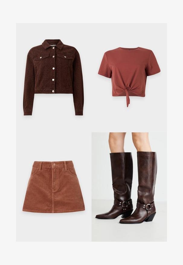 Bruine cropped spijkerjack met donker luipaardprint, zilveren drukknoopsluiting, twee borstzakken en lange mouwen.; Roestkleurig cropped T-shirt van zacht katoen met korte mouwen en een geknoopt voorpand. Soepele textuur, ronde halslijn.; Bruine corduroy mini-jurk met verticale geribde textuur, voorzakken, een knoopsluiting en een rechte snit.; RAID NEVIS - Cowboy-/Bikerlaarzen - brown