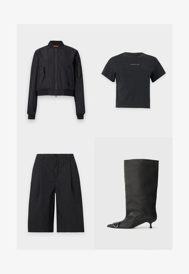 Veste bomber noire avec fermeture éclair frontale, deux poches à rabat, col et poignets côtelés, et une poche zippée sur la manche gauche.; T-shirt crop top noir à manches courtes avec un petit texte blanc "JORDAN" centré sur la poitrine sur un fond clair uni.; Shorts noirs longueur genou avec fermeture à bouton et passants de ceinture, en tissu lisse, présentés sur un fond clair uni.; Bottines en cuir noir à bout pointu, petite talon et détail métallique sur le bout. Texture lisse et mate partout.