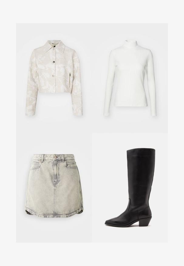 Forkortet jakke i lys beige struktureret stof med et blomstermotiv, der har spidse kraver, trykknapper foran og sidelommer med lynlås.; Hvid ribbet turtleneck blouse med lange ærmer, lavet af elastisk stof. Har et tætsiddende design og høj hals for god dækning.; Denim nederdel i lys grå med en falmet tekstur, der har en knappet talje, forlommer og en let buet sømdesign.; Sort læderstøvle til midtkalv med spids tå og lavt skråt hæl på en enkel lys baggrund.