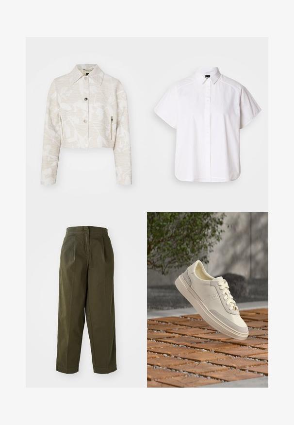 Forkortet jakke i lys beige struktureret stof med et blomstermotiv, der har spidse kraver, trykknapper foran og sidelommer med lynlås.; Hvid kortærmet skjorte med knaplukning, spidse kraver og buet nederste kant. Lavet af bomuld med en glat struktur og uden synlige mønstre.; Olivenfarvede, vide bukser med høj talje, der har frontfolder og oprevne kanter. Fremstillet af letvægtsstof med en glat overflade.; Hvid BOSS-sneaker med snørebånd, der svæver over et mønstret træ- og småstenbund, grøn busk og grå væg i baggrunden.