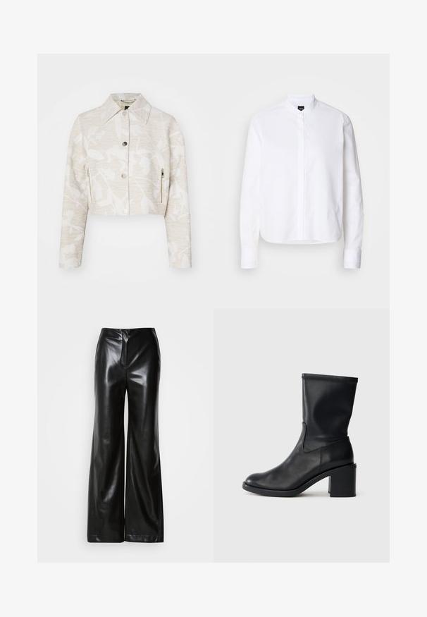Forkortet jakke i lys beige struktureret stof med et blomstermotiv, der har spidse kraver, trykknapper foran og sidelommer med lynlås.; Hvid skjorte med krave, front placket, lange ærmer og knapmanchetter. Lavet af glat bomuldsstof med en struktureret pasform.; Sorte læder bukser med bred ben, glat tekstur, høj talje og skjult lynlås foran. Skræddersyet pasform med en ren finish.; Sort læder ankelstøvle med rund tå, glat tekstur og en grov hæl, der har et tætsiddende skaft og subtil syning.