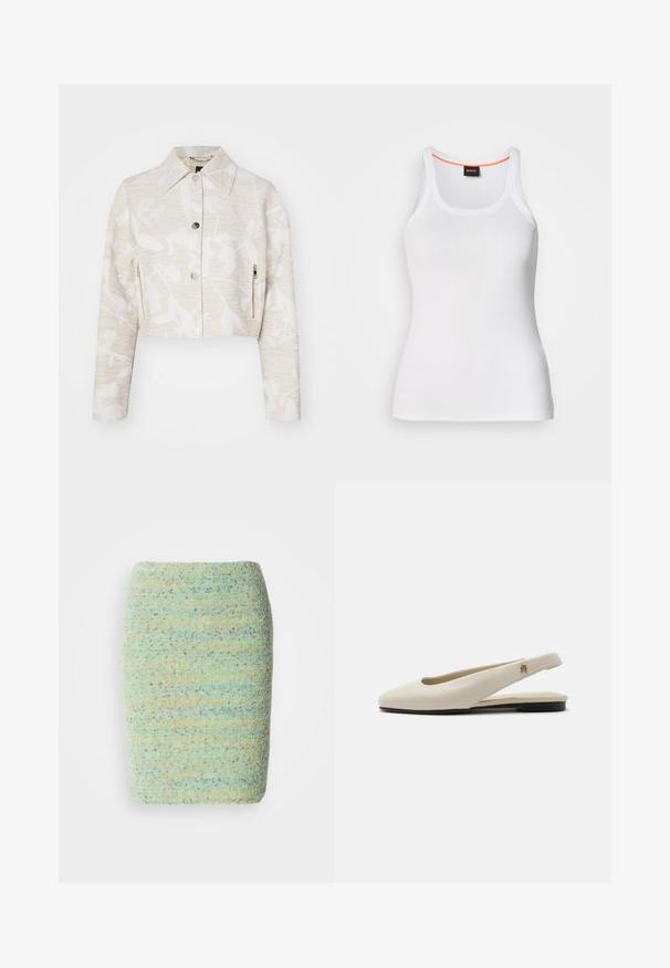 Forkortet jakke i lys beige struktureret stof med et blomstermotiv, der har spidse kraver, trykknapper foran og sidelommer med lynlås.; Hvid ribstrikket tanktop med rund halsudskæring, der har et smalt stropdesign og en orange detalje langs den indvendige halskant. Brandlogo vist.; Knelang nederdel lavet af struktureret, pletret stof i pastelfarvet grøn med nuancer af blå, orange og lilla.; Flatsko i cremefarvet læder med rundet tå og lille guldemblem på remmen.