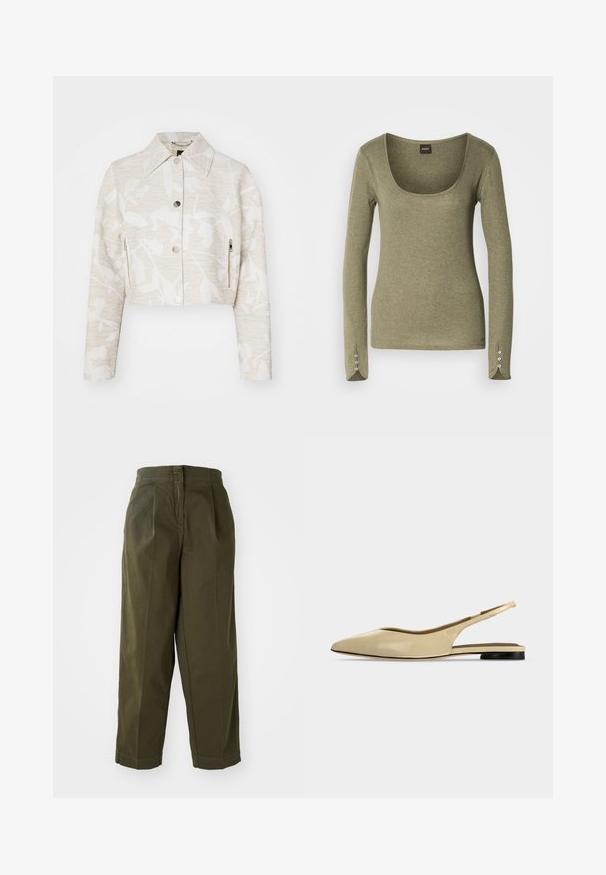 Forkortet jakke i lys beige struktureret stof med et blomstermotiv, der har spidse kraver, trykknapper foran og sidelommer med lynlås.; Oliven grøn langærmet top med rund halsudskæring, taperet pasform og knapdetaljer ved manchetterne, lavet af blødt, tekstureret materiale.; Olivenfarvede, vide bukser med høj talje, der har frontfolder og oprevne kanter. Fremstillet af letvægtsstof med en glat overflade.; Beige spids tå slingback flad sko med lav sort hæl og en glat læderfinish, vist fra siden på en ensfarvet baggrund.