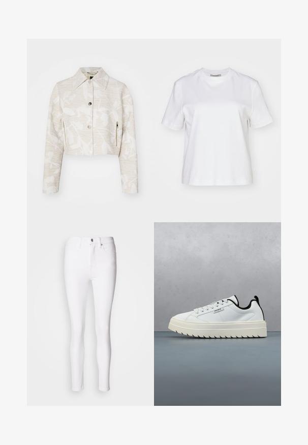 Forkortet jakke i lys beige struktureret stof med et blomstermotiv, der har spidse kraver, trykknapper foran og sidelommer med lynlås.; AllSaints LISA TEE - T-shirts basic - white; Hvide denim slim-fit jeans med høj talje, featuring en frontknap og lynlås lukning, samt fem lommer. Glat tekstur og tætsiddende design.; Hvide lædersneakers med en chunky, struktureret sål med et tandet design. Sorte detaljer på hælen og tungen giver kontrast.