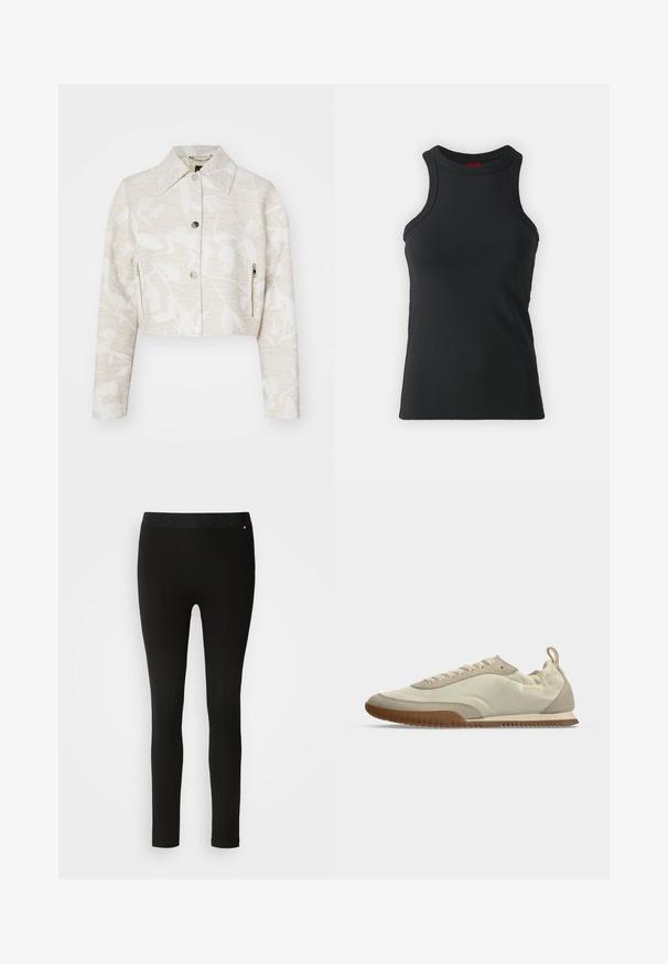 Forkortet jakke i lys beige struktureret stof med et blomstermotiv, der har spidse kraver, trykknapper foran og sidelommer med lynlås.; Sort ærmeløs tanktop lavet af strækbart stof. Har en rund hals og en tætsiddende silhuet med minimale syninger.; Sorte leggings med en glat tekstur, featuring en fleksibel talje og diskret sømdetalje. Ingen mønstre eller hardware er til stede.; Lavprofil beige sneakers med hvide snørebånd, ruskinddetaljer, brun gummisål og en trækstrop ved hælen.