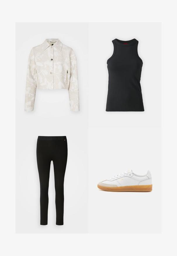 Forkortet jakke i lys beige struktureret stof med et blomstermotiv, der har spidse kraver, trykknapper foran og sidelommer med lynlås.; Sort ærmeløs tanktop lavet af strækbart stof. Har en rund hals og en tætsiddende silhuet med minimale syninger.; Sorte leggings med en glat tekstur, featuring en fleksibel talje og diskret sømdetalje. Ingen mønstre eller hardware er til stede.; Hvide lædersneakers med beige ruskindsdetaljer, gummisål og snøredesign. Har diskret branding i guld.