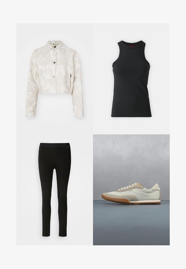 Forkortet jakke i lys beige struktureret stof med et blomstermotiv, der har spidse kraver, trykknapper foran og sidelommer med lynlås.; Sort ærmeløs tanktop lavet af strækbart stof. Har en rund hals og en tætsiddende silhuet med minimale syninger.; Sorte leggings med en glat tekstur, featuring en fleksibel talje og diskret sømdetalje. Ingen mønstre eller hardware er til stede.; Hvide og beige sneakers med en glat overdel og suede detaljer, en tekstureret sål og tonet syninger. Snørelukning med logo detalje.