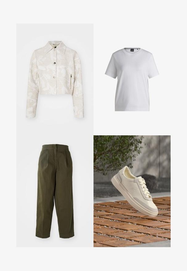 Forkortet jakke i lys beige struktureret stof med et blomstermotiv, der har spidse kraver, trykknapper foran og sidelommer med lynlås.; Hvid bomulds t-shirt med rund halsudskæring, korte ærmer og en afslappet pasform. Har et lille mærke nær kraven.; Olivenfarvede, vide bukser med høj talje, der har frontfolder og oprevne kanter. Fremstillet af letvægtsstof med en glat overflade.; Hvid BOSS-sneaker med snørebånd, der svæver over et mønstret træ- og småstenbund, grøn busk og grå væg i baggrunden.