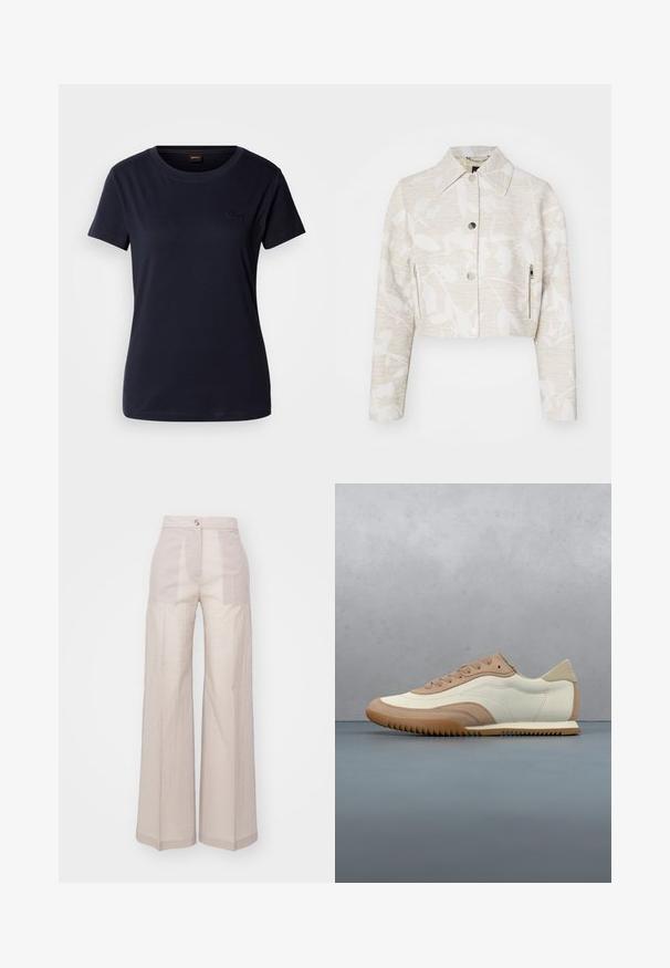 Forkortet jakke i lys beige struktureret stof med et blomstermotiv, der har spidse kraver, trykknapper foran og sidelommer med lynlås.; Mørkeblå kortærmet T-shirt lavet af bomuld, med rund hals og et lille broderet logo på brystet. Glat tekstur.; Beige brede bukser lavet af et letvægtigt vævet stof, med høj talje, enkelt frontknaplukning og en subtil tekstur.; Sneaker i creme og beige med tekstureret overdel, snørebånd og gummisål, vist oven på en træoverflade med småsten.