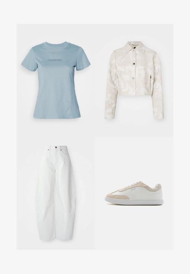 Forkortet jakke i lys beige struktureret stof med et blomstermotiv, der har spidse kraver, trykknapper foran og sidelommer med lynlås.; Lyseblå bomuld t-shirt med rund hals, korte ærmer og sort tekst "Calvin Klein Jeans" med "ETABLERET NITTEEN HUNDREDE OG OTTE" nedenunder.; Højtaljede hvide denimbukser med løs pasform. Har en knaplukning, sidelommer og et minimalistisk design. Glat tekstur.; Hvide lædersneakers med beige ruskindsdetaljer og hvide snøringer. Har en rund tå og en polstret sål for komfort.