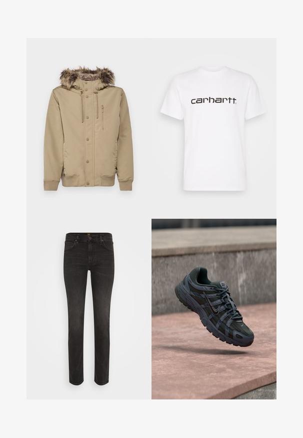 Beige hættejakke med falsk pelskant, lynlåslukning, trykknapper og sidelommer. Har ribbede manchetter og elastiske snore i huen.; Hvid bomulds t-shirt med korte ærmer og rund halsudskæring. Har et stort "carhartt" logo i mørkebrun på tværs af brystet.; Slim-fit sorte denim jeans med fem lommer, bæltestropper, knaplukning og subtil forvitring på lår og knæ.; Mørkegrå Nike løbesko med mesh og syntetisk design, svævende over en lyserød betonoverflade med en grå stens baggrund.