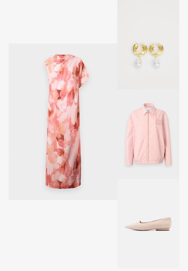 Chaqueta rosa claro con cremallera, cuello, mangas largas, dos bolsillos laterales y pequeño logo de parche en el pecho izquierdo.; Vestido maxi floral en suaves tonos rosa y melocotón, con un patrón abstracto de acuarela, mangas cortas y una silueta relajada.; Zapato plano beige de punta puntiaguda con tacón bajo, correa decorativa con pequeñas tachuelas en la parte superior, vista lateral sobre fondo blanco.; Pendientes de aro en tono dorado con un acabado pulido, que presentan un acento de perla blanca irregular colgante. Diseño circular, textura suave.