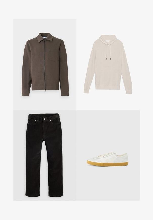 Veste marron à fermeture éclair avec col chemise, manches longues, tissu texturé et une seule poche poitrine. Design simple et fonctionnel.; Pull beige en tricot avec un col roulé, accents à cordon, manches longues et poignets et ourlet côtelés, doté d'un tissu texturé.; Pantalons droits en velours côtelé noir avec bouton avant, fermeture éclair, passants de ceinture et design à cinq poches sur un fond clair.; Baskets en cuir blanc à texture lisse, avec un logo "V" beige, un bout rond, un design à lacets et une semelle en caoutchouc gomme.