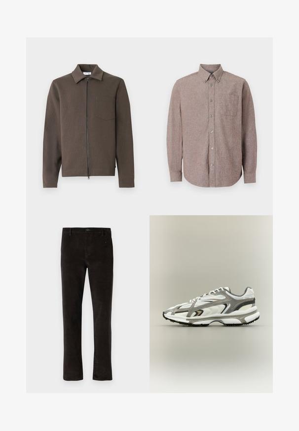 Veste marron à fermeture éclair avec col chemise, manches longues, tissu texturé et une seule poche poitrine. Design simple et fonctionnel.; Chemise à manches longues à boutons dans un mauve atténué avec un col à boutons et une poche poitrine unique, présentée sur un fond blanc uni.; Pantalons en velours côtelé noir avec une coupe droite, dotés d'une fermeture à un seul bouton et d'une texture subtile. Style minimaliste sans motifs visibles.; Chaussure de sport avec une tige en mesh blanc, des accents gris, une semelle en caoutchouc noire et un design épuré. Elle présente des lacets et des détails texturés.