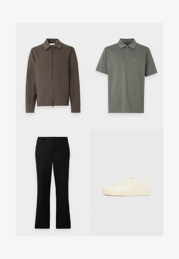 Veste marron à fermeture éclair avec col chemise, manches longues, tissu texturé et une seule poche poitrine. Design simple et fonctionnel.; Polo à manches courtes de couleur vert foncé avec un motif géométrique texturé, col classique et logo discret brodé sur la poitrine.; Pantalons évasés noirs en tissu mélangé coton, dotés d'une fermeture à bouton, de passants de ceinture et d'une texture lisse sans motifs visibles.; Baskets couleur crème avec une tige en cuir lisse, bout arrondi, laçage à l'avant et semelle en caoutchouc texturée. Design minimaliste, sans logo.