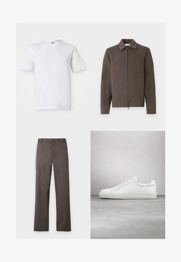 Chaqueta marrón con cremallera, cuello con solapa, mangas largas, tela texturizada y un bolsillo en el pecho. Diseño simple y funcional.; Camiseta de algodón blanca con mangas cortas, escote redondo y una textura suave. No se observan patrones ni detalles.; Pantalones de algodón marrón con diseño de pierna recta, con trabillas para cinturón y textura suave. Sin patrones visibles ni detalles de herrajes.; Zapatilla blanca con parte superior de cuero liso y perfil bajo. Presenta una puntera redondeada, seis ojales y una suela de goma texturizada.