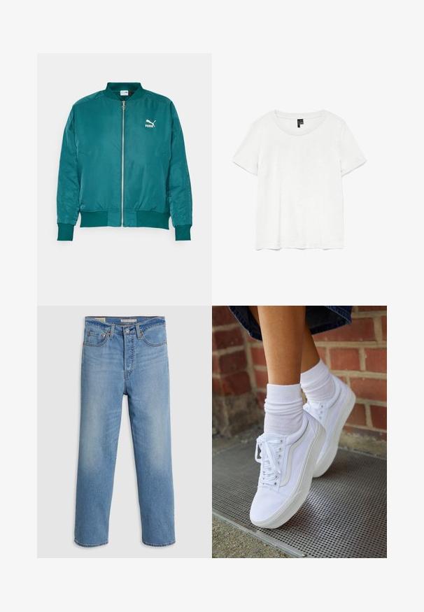 Teal bomberjack gemaakt van gladde, lichte stof. Voorzien van een ritssluiting aan de voorkant, zijzakken en een wit Puma-logo op de borst.; Witte t-shirt met korte mouwen en een ronde hals, gemaakt van lichte stof. Eenvoudig ontwerp, gladde textuur en rechte zoom.; Lichtblauwe rechte denim jeans met voorzakken, riemlussen en een knoopsluiting op een effen achtergrond.; Witte canvas sneakers met rubberen zolen, voorzien van zes vetertjes, een ronde neus en lichte stikdetails, gecombineerd met witte enkelsokken.