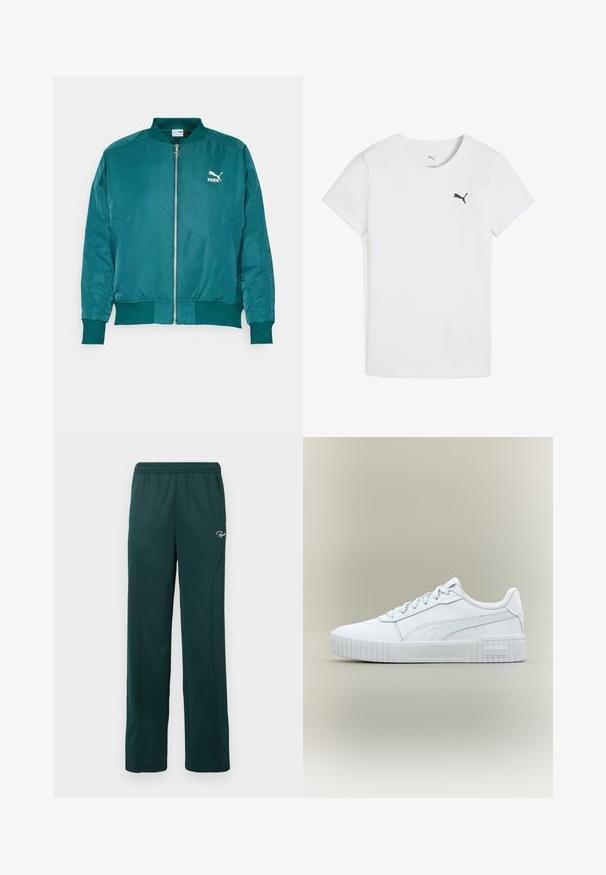 Chaqueta bomber azul verdoso hecha de una tela suave y ligera. Presenta un cierre frontal, bolsillos laterales y un logo blanco de Puma en el pecho.; Camiseta blanca de algodón con cuello redondo, que presenta un pequeño logo negro de Puma en el lado izquierdo del pecho. Manga corta y corte clásico.; Pantalones de chándal verde oscuro hechos de una tela suave, con una cintura elástica y costuras laterales, y un pequeño logo en la parte delantera.; Zapatilla Puma blanca de caña baja con cierre de cordones y suela gruesa texturizada sobre fondo neutro claro.