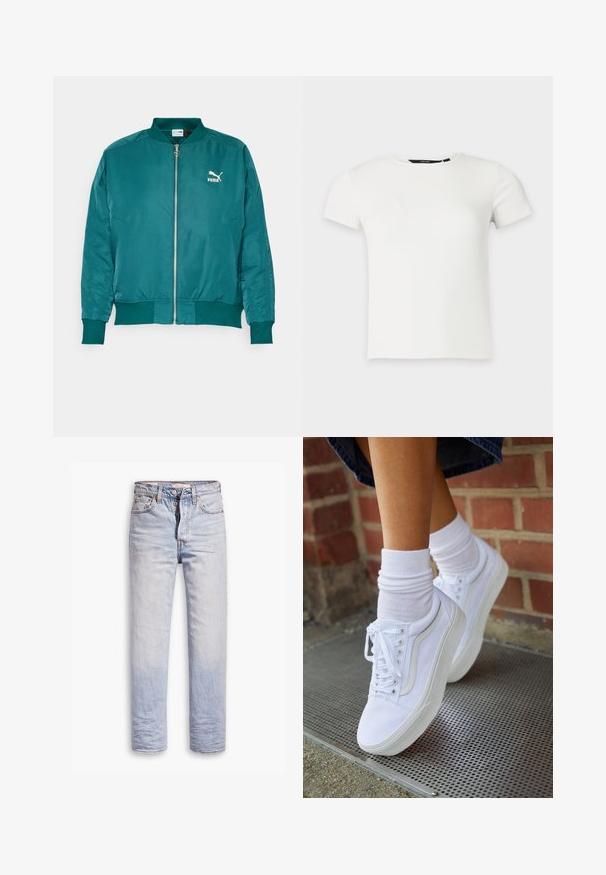 Tyrianová bomber bunda vyrobená z hladkej, ľahkej tkaniny. Obsahuje predný zips, bočné vrecká a biele logo Puma na hrudi.; Biele krátkym rukávom rebrované pletené tričko s okrúhlym výstrihom, zobrazené na jednoduchom svetlosivom pozadí.; Svetlomodré džínsové nohavice so strihom rovného strihu, s gombíkovým zapínaním, piatimi vreckami a jemným vyblednutím pozdĺž nohavíc.; Biele plátené tenisky s gumovou podrážkou, s piatimi dierkami na šnúrky, okrúhlou špičkou a svetlými švami, doplnené o biele členkové ponožky.