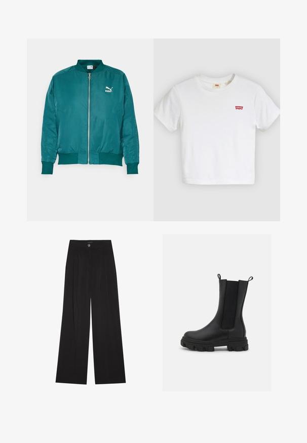 Tyrianová bomber bunda vyrobená z hladkej, ľahkej tkaniny. Obsahuje predný zips, bočné vrecká a biele logo Puma na hrudi.; Biele tričko s krátkymi rukávmi a okrúhlym výstrihom s malým červeným logom Levi's na ľavej strane hrude.; Čierne nohavice s širokými nohavicami vyrobené z jemnej látky, s vysokým pásom, prednými záhybmi a zapínaním na jeden gombík. Hladká textúra a elegantný strih.; Čierne Chelsea čižmy vyrobené z kože a elastického materiálu, s robustnou gumovou podrážkou s výrazným vzorom a ťahacími pútkami pre jednoduché obúvanie.