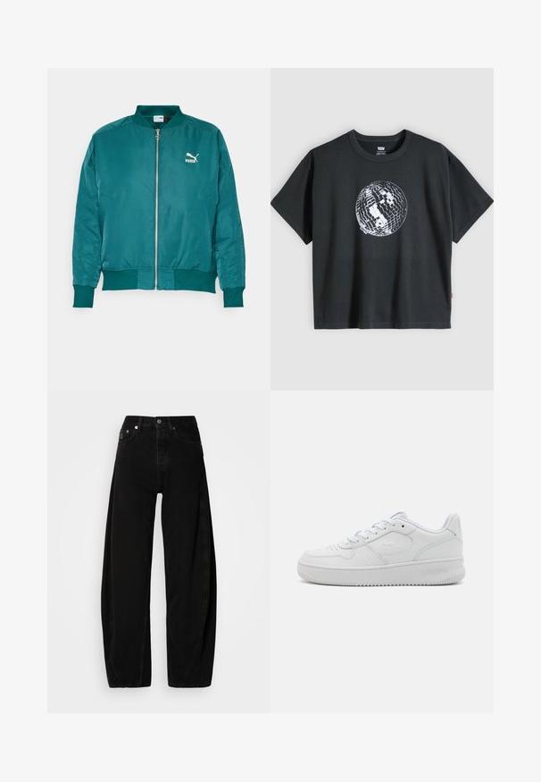 Teal bomber jacket yang terbuat dari kain ringan yang halus. Dilengkapi dengan ritsleting depan, saku samping, dan logo Puma berwarna putih di dada.; Musta lyhythihainen t-paita, jonka edessä keskellä on valko-harmaa diskopallon kuvio vaalealla taustalla.; Mustat farkkuleggarit, joissa on korkea vyötärö, nappisuljenta, viisi taskua ja vähäiset ompeluyksityiskohdat.; Valkoiset nahkakengät, joissa on matala muotoilu, teksturoitu pinta, pyöreä varvas, rei'itykset hengittävyyden parantamiseksi ja kohokirjailtu logo sivussa.