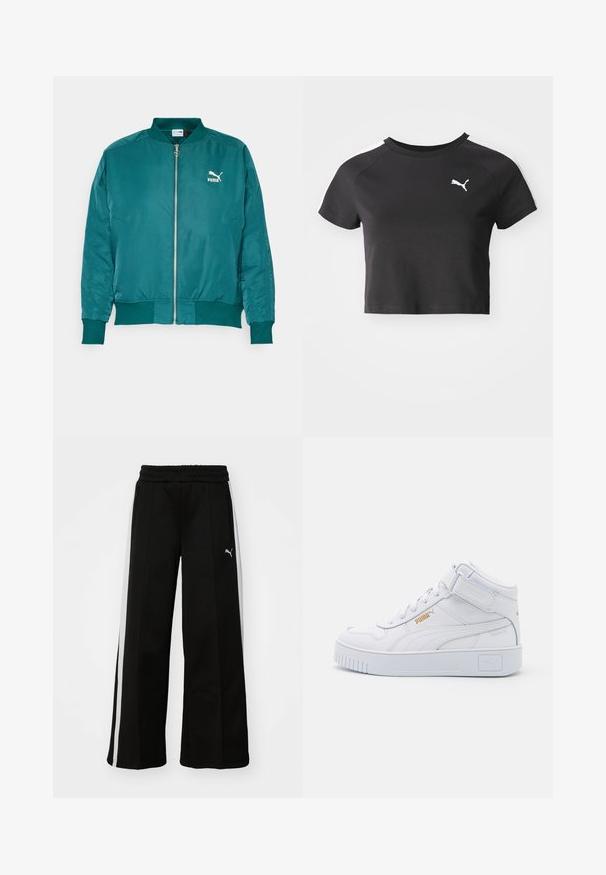 Tyrianová bomber bunda vyrobená z hladkej, ľahkej tkaniny. Obsahuje predný zips, bočné vrecká a biele logo Puma na hrudi.; Čierne skrátené tričko vyrobené z bavlny, s okrúhlym výstrihom, krátkymi raglánovými rukávmi a bielym logom Puma na ľavej hrudi.; Čierne nohavice s širokými nohavicami a elastickým pásom, vertikálne biele pruhy, bočné zipsové vrecká a malé logo na stehne.; Biele vysoké tenisky s hladkým koženým zvrškom, plochými šnúrkami, polstrovaným golierom a textúrovanou gumovou podrážkou s logovými akcentmi.