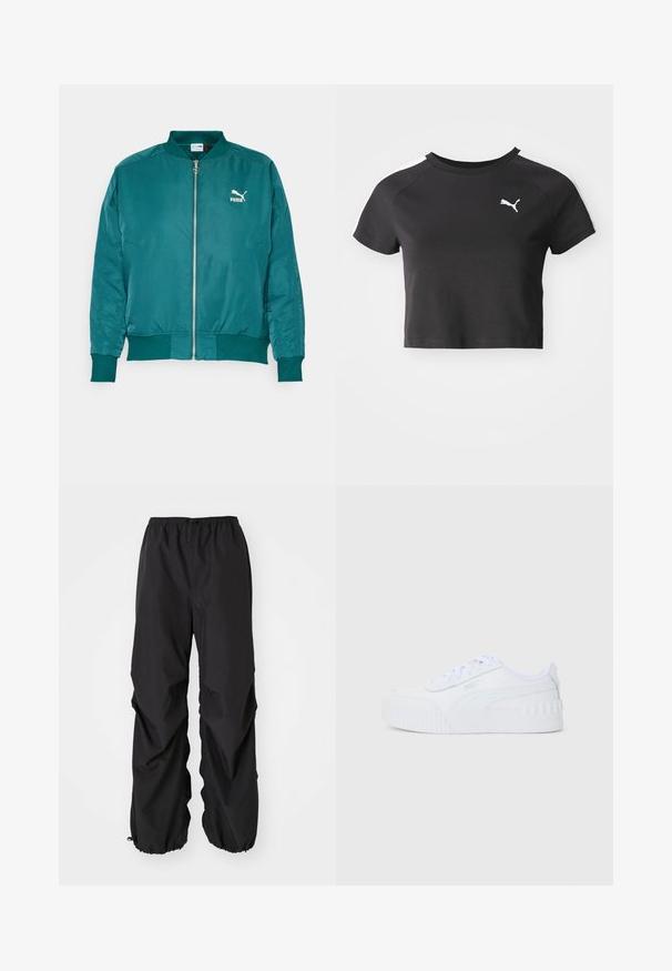 Teal bomberjakke lavet af glat, letvægtsstof. Har en frontlynlås, sidelommer og et hvidt Puma-logo på brystet.; Sort cropped t-shirt lavet af bomuld, med rund halsudskæring, korte raglanærmer og et hvidt Puma-logo på venstre bryst.; Sorte bukser med elastisk talje lavet af vandafvisende materiale. Har en løs pasform med sammenhæftede manchetter ved anklerne og ingen synlige mønstre.; Hvide lave Puma sneakers med snørebånd, tekstureret gummisål og brandlogo på siden og hælflappen.