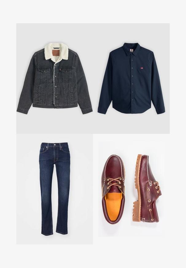 Sort denimjakke med hvid sherpa-for og krave, knaplukning foran, to brystlommer med klap og sidelommer, lagt fladt på en lys baggrund.; Langærmet mørkeblå skjorte med knapper foran, krave og rød Levi’s-logo på venstre bryst mod en lys grå baggrund.; Mørkeblå denim jeans med lige benudskæring, der har et traditionelt fem-lomme design og syede detaljer ved sømmene.; Bordeaux lædersko med brune gummisåler, rund tå, hvid syning og gyldne snøringer. Indersiden har et gult for.