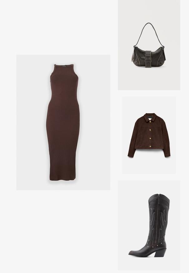 Veste en suède marron foncé avec manches longues, col classique, boutons dorés à l'avant et poches latérales sur un fond clair.; Robe midi sans manches, côtelée, marron foncé avec un col montant et une silhouette ajustée sur un fond clair uni.; Bottes de cowboy en cuir marron avec surpiqûres en forme de flammes, fermeture éclair latérale, clous argentés, bout pointu et talon superposé.; Sac à épaule en cuir noir avec une sangle à boucle, des bords arrondis et des coutures blanches contrastées sur un fond uni.