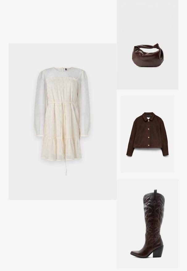 Veste en suède marron foncé avec manches longues, col classique, boutons dorés à l'avant et poches latérales sur un fond clair.; Robes crème avec de longues manches bouffantes en voile, un corsage froncé et une jupe à niveaux. Présente des accents subtils en argent et une taille à cordon.; Botte de cowboy haute en cuir marron foncé avec motifs décoratifs cousus, bout pointu et talon bloc empilé.; Sac bandoulière en cuir marron foncé avec une forme souple et décontractée et une anse nouée torsadée sur un fond blanc uni.