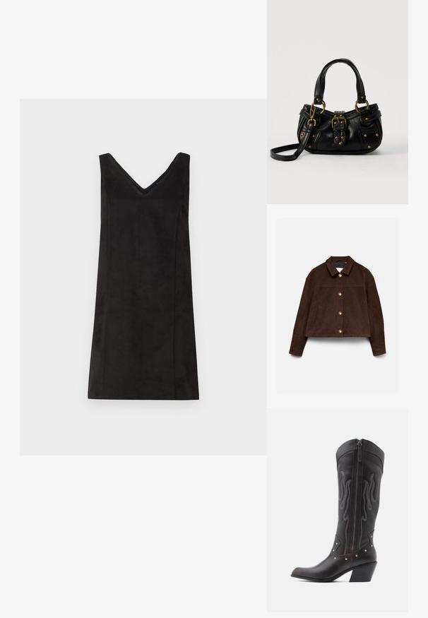 Chaqueta de ante marrón oscuro con mangas largas, cuello clásico, botones dorados delanteros y bolsillos laterales sobre un fondo claro.; Vestido negro sin mangas con escote en V, hecho de un material suave, con corte recto y detalles mínimos. Textura suave.; Botas de cowboy de cuero marrón con costuras en forma de llama, cremallera lateral, tachuelas plateadas, punta puntiaguda y tacón apilado.; Bolso de cuero negro con hebilla y detalles de remaches dorados, asas cortas y una correa de hombro ajustable sobre un fondo blanco liso.