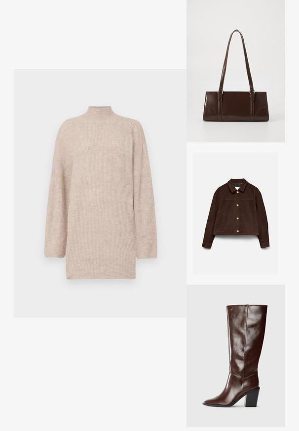 Mørkebrun ruskindjakke med lange ærmer, klassisk krave, forreste guldknapper og sidelommer på en lys baggrund.; Beige højhalset sweater med faldende skuldre, lavet af ribbet strikmateriale. Løs pasform med lange ærmer og en blød tekstur.; Høj, mørkebrun læderstøvle med spids tå og stablet blokhæl, vist fra siden på en ensfarvet baggrund.; Brun lakeret håndtaske med rektangulær form, to lange håndtag og subtile buede detaljer på fronten.
