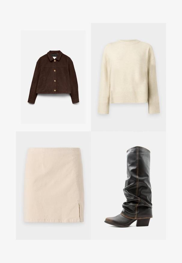 Mørkebrun ruskindjakke med lange ærmer, klassisk krave, forreste guldknapper og sidelommer på en lys baggrund.; Cremefarvet strikket sweater med lange ærmer, ribbede manchetter, kant og rund halsudskæring, præsenteret på en ensfarvet baggrund.; Beige corduroy miniskirt med lodret ribbet tekstur, med en sideslids for ekstra detaljer. Kantene er lige og ensartet syet.; Høj sort læder slouchy støvle med brune accenter, spids tå og stabelhæle mod en ensfarvet hvid baggrund.