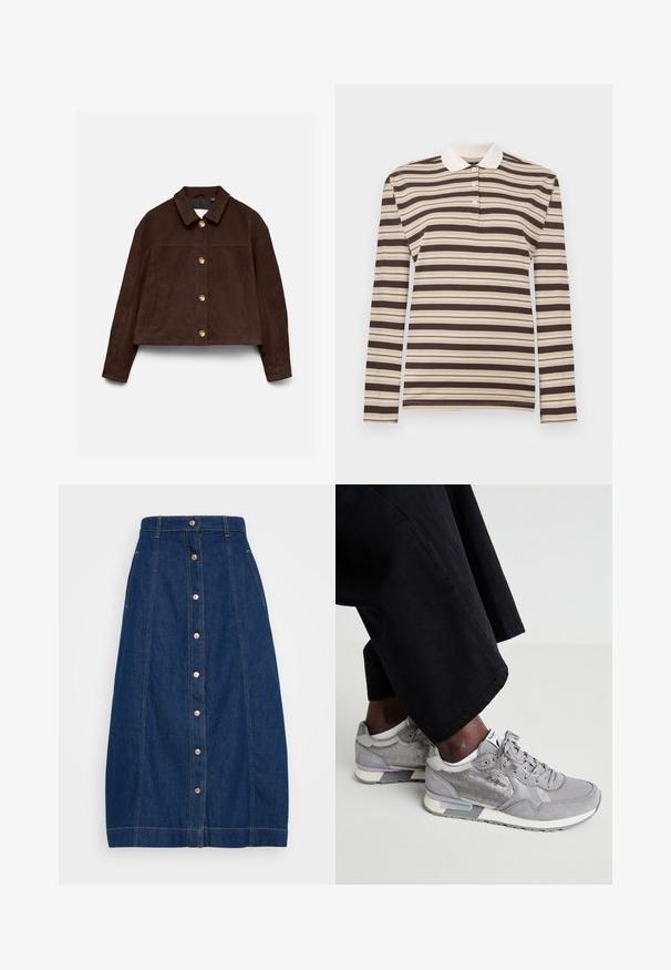 Mørkebrun ruskindjakke med lange ærmer, klassisk krave, forreste guldknapper og sidelommer på en lys baggrund.; Langærmet polo-shirt i brune og beige striber, med krave og tre-knap lukning; lavet af blødt stof.; ONLY Tall A-line ONLKLARA A-line Long - A-snit nederdel - medium blue denim; Grå sneakers lavet af ruskind og mesh med en tekstureret panel, polstret sål og lyse accenter, kombineret med sorte bukser.