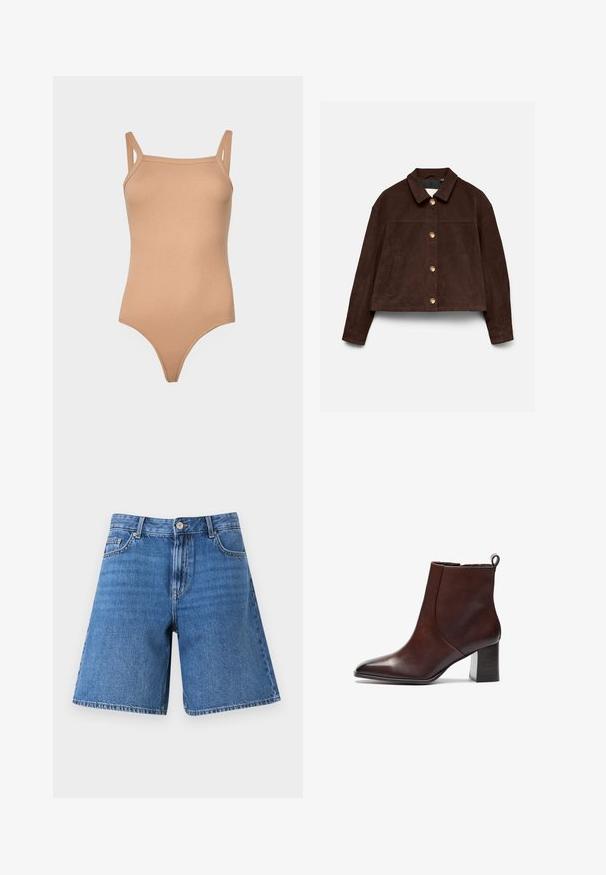 Tummanruskea mokkatakki pitkine hihoineen, klassinen kaulus, edessä kultaiset napit ja sivutaskut vaalealla taustalla.; Beige ribbattuuhkone, jossa on säädettävät olkaimet, pyöreä kaula-aukko ja kapea siluetti. Siinä on korkea lahje ja minimisaumat.; Siniset farkkushortsit, joissa nappi ja vetoketjukiinnitys, etu- ja kolikkotaskut, aseteltu tasaisesti valkoiselle taustalle.; Ruske kožne gležnjače s špicastim vrhom i blok potpeticom. Imaju besprijekoran dizajn i petlju na stražnjoj strani za lakše obuvanje.