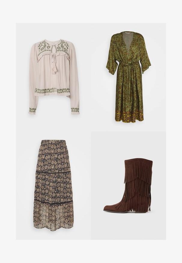 Zelené kimono šaty s krátkymi rukávmi, sťahovacím pásom a živou vzorovanou dolnou časťou. Vyrobené z ľahkej tkaniny.; Svetloružová blúzka s dlhým rukávom a volánovými detailmi, s zelenou kvetinovou výšivkou na predu a na leme, a s viazaným výstrihom na šnúrku s strapcami.; ONLY Tall ONLISLA SKIRT - sukňa v tvare A - black; Hnedá semišová čižma do polovice lýtok s vrstvenou strapcovou výzdobou a nízkym širokým podpätkom, zobrazená na jednoduchom svetlom pozadí.