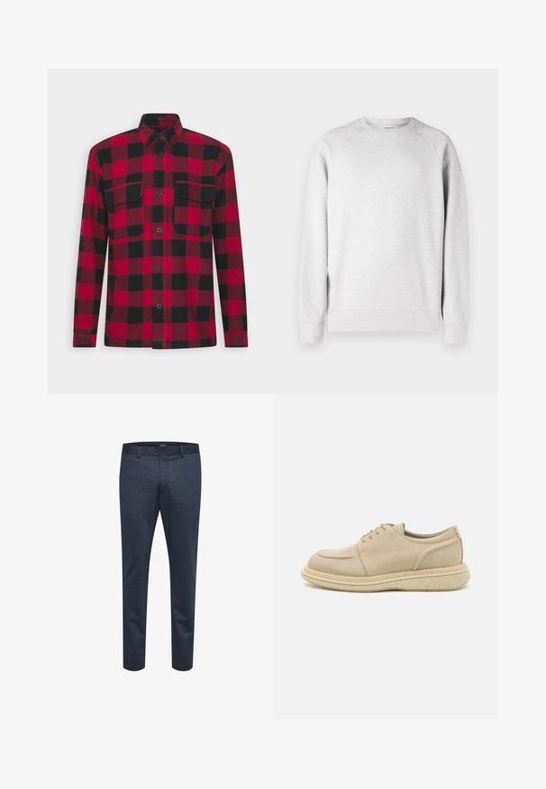 TOM TAILOR DENIM OVERSHIRT - Välikausitakki - red/black; Vaaleanharmaa pyöreä pääntie huppari, jossa pitkät hihat, ribbed hihansuut ja helma, esillä valkoista taustaa vasten.; Tummansiniset housut, jotka on valmistettu tekstuurikankaasta ja joissa on slim fit -malli. Housuissa on nappikiinnitys ja vyölenkit, joten ne soveltuvat sekä rentoon että muodolliseen käyttöön.; Vaaleanbeige mokkakenkä, jossa on pyöristetty kärki, teksturoitu pohja ja ommeltu yksityiskohtia, sekä pehmustettu alusta lisämukavuutta varten.