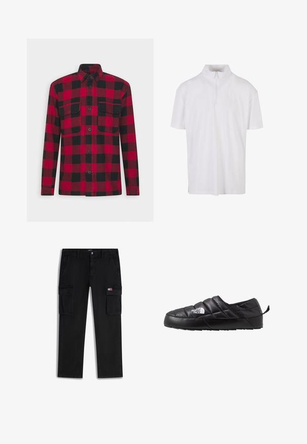 TOM TAILOR DENIM OVERSHIRT - Overgangsjakke - red/black; Hvid kortærmet skjorte med høj krave og lynlås i kvart længde. Fremstillet af blødt, letvægtsstof med en afslappet pasform.; Sorte cargobukser med frontlommer, knap- og lynlåslukning samt et Tommy Jeans-mærke på lommelåget på højre lår.; Sort slip-on sko med et quiltet design, lavet af polstret materiale. Har en struktureret gummisål og et lille trækstrop bagpå.