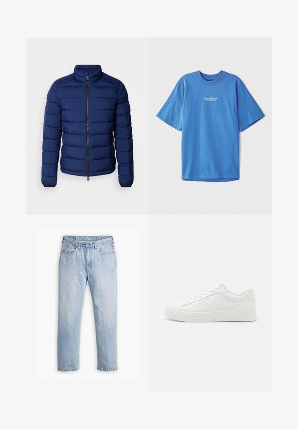 Navyblauwe gewatteerde jas met een hoge kraag, horizontaal gestikte ontwerp, voorrits en elastische manchetten. Gladde textuur, lichte isolatie.; Donkerblauw katoenen t-shirt met korte mouwen en een ronde hals. Voorzien van een wit "Penfield" logo op de voorkant. Glad, ademend textuur.; Lichtblauwe denim jeans met een recht model, vijf zakken en contrasterende stiksels. Knopen- en ritssluiting bij de taille.; Witte lage sneakers van glad leer, met een ronde neus, platte zolen en subtiele branding aan de zijkant.