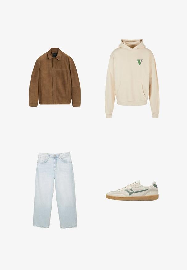 Bruine suède jas met kraag, lange mouwen en een verborgen voorkantsluiting, afgebeeld op een witte achtergrond.; Beige hoodie gemaakt van zachte stof, met een kangoeroezak en een groen "V" logo op de linkerborst. Geribbelde manchetten en onderrand.; Lichtblauwe hoge taille straight-leg jeans met een knoop aan de voorkant, zakken en een klein gemerkt metalen label op de rechter voorkzak.; Beige lage sneaker met een groene zijstreep, bovenwerk van mesh en leer, beige veters en een zool van gum.