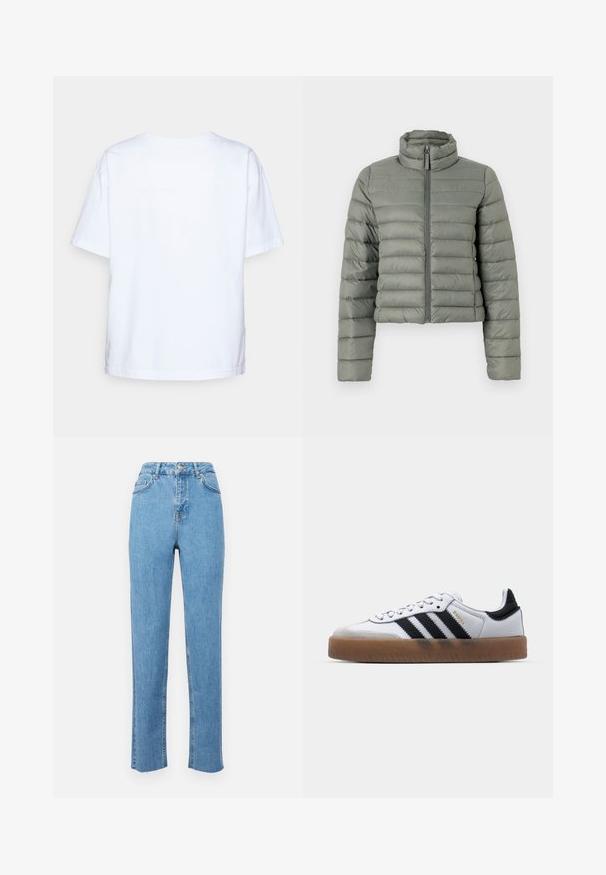 Chaqueta de plumas en verde apagado, con un cuello alto, cierre de cremallera y acolchado horizontal para aislamiento. Diseño corto y ajustado.; Camiseta de algodón blanca de manga corta vista desde atrás sobre un fondo gris claro.; Vaqueros de tiro alto en azul claro, confeccionados en denim, con corte recto, bolsillos frontales y dobladillo sin acabar en los tobillos.; Zapatillas de cuero blancas con rayas negras, suela de goma, puntera redonda, cierre de cordones y caperuza de ante gris suave.