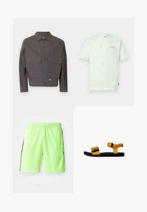 Mørkegrå jakke med lynlås, spids krave og to store frontlommer med klap, med et lille rektangulært mærkelogo nær kanten.; Hvid bomulds t-shirt med korte ærmer, rund halsudskæring og en pink "Dickies" logo på venstre brystområde. Glat tekstur.; Neon grønne atletikshorts med elastisk talje, der har sorte sidestriber og let, åndbart stof.; Gul stof sandal med to justerbare remme, sort gummisål, struktureret fodseng og hvid detalje på sålen. Sidevinkel.