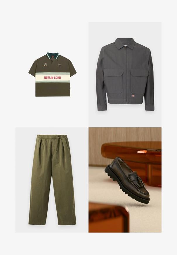 Chaqueta gris oscuro con cremallera, cuello puntiagudo y dos grandes bolsillos delanteros con solapa, con un pequeño logotipo rectangular de la marca cerca del dobladillo.; Polo de color verde oliva con mangas cortas, cuello a rayas en verde y azul claro, que presenta una banda blanca con "BERLIN SOHO" en rojo.; Pantalones de pierna ancha en verde oliva con cintura elástica y pliegues delanteros, mostrados sobre un fondo claro.; Zapato mocasín de cuero marrón oscuro con borlas, suela negra y gruesa, exhibido sobre una alfombra beige cerca de un mueble translúcido naranja.
