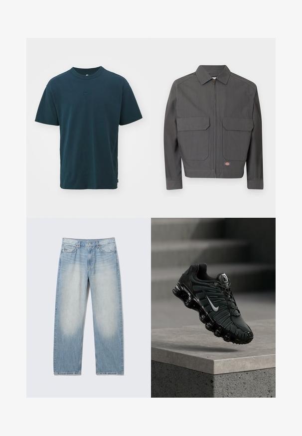 Tummanharmaa vetoketjullinen takki, jossa on terävä kaulus ja kaksi suurta etutaskua läpällä sekä pieni suorakaiteen muotoinen merkkilogo lähellä helmaa.; Nike Sportswear T-paita - armory navy; Vaaleansiniset suorat farkut, jotka ovat haalistuneet edestä reisistä, viiden taskun malli, napitus ja vyölenkit.; Musta ja tummanharmaa Nike-juoksukenkä, jossa valkoinen swoosh-logo, roikkuu betonireunan ja portaiden yllä taustalla.