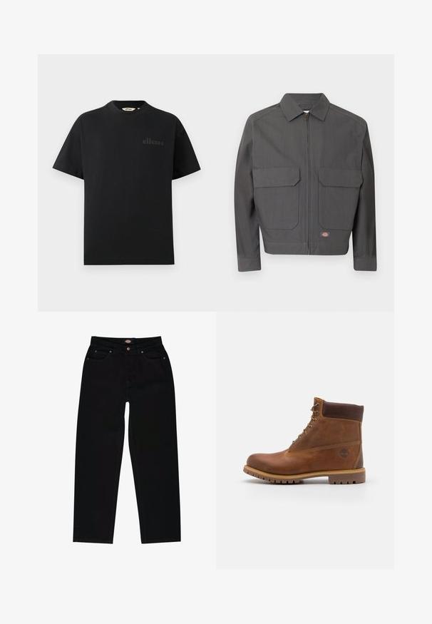 Dunkelgraue Jacke mit Reißverschluss, spitzem Kragen und zwei großen aufgesetzten Fronttaschen, mit einem kleinen rechteckigen Markenlogo nahe dem Saum.; Schwarzes T-Shirt aus Baumwolle mit klassischem Rundhalsausschnitt und kurzen Ärmeln. Verfügt über ein dezentes, geprägtes Logo auf der Brust.; Schwarze Jeans aus Denim im geraden Schnitt, mit fünf Taschen, braunen Nähten und einem Reißverschluss. Glatte Textur und hochwertiges Material.; Braune Lederwanderschuhe mit glatter Oberfläche, gepolstertem Knöchel, Metallösen und einer Gummisohle mit robustem Profil.