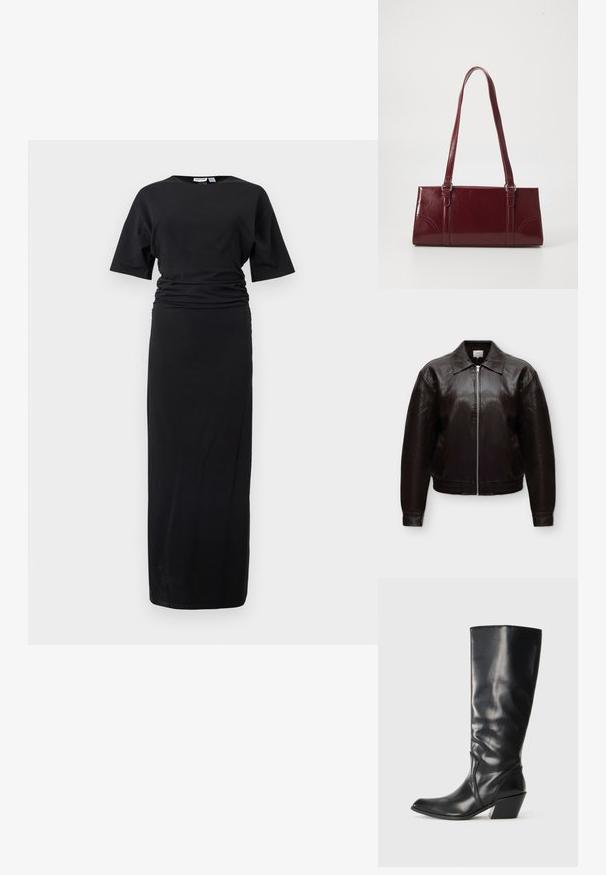 Veste en cuir noire avec fermeture éclair devant, col pointu, manches longues et ourlet élastique sur un fond clair uni.; Robe midi noire à manches courtes avec détail de taille froncée et col rond, présentée sur un fond blanc uni.; Botte en cuir noir montante jusqu'au genou avec un bout pointu, un talon angulaire et une texture lisse. Présente une subtile couture sur le côté.; Sac à main bordeaux en matériau brillant, de forme rectangulaire, avec deux anses et des accents légèrement courbés à l'avant.