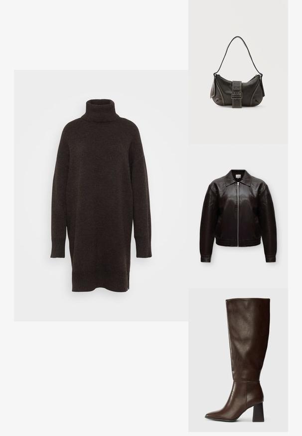 Sort læderjakke med lynlås foran, spids krave, lange ærmer og elastisk kant mod en ensartet lys baggrund.; Brun turtleneck sweater med en afslappet pasform, lavet af blødt strikket stof. Har lange ærmer og ribbede detaljer ved manchetterne og kanten.; Brune læderknæhøj støvle med spids tå og chunky tekstureret hæl. Glat finish med minimal sømdetaljer.; Sort læder skuldertaske med spænde på remmen, afrundede kanter og kontrasterende hvide syninger på en ensfarvet baggrund.