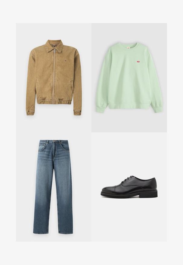 Brun denimjakke med lynlås foran, krave, elastisk kant og sidelommer. Har en lille logo på brystet.; Lys grøn crewneck-sweatshirt med lange ærmer og et lille rødt Levi's-logo på venstre bryst.; Lige ben blå denim jeans med en falmet vask, der har fem lommers design, metallisk knap og bæltestropper. Struktureret, medium vægt stof.; Sorte læder dressko med en rund tå, diskrete syninger, snørebåndsdesign og en kontrastfarvet sort gummisål.