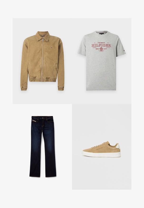 Braune Jeansjacke mit Reißverschluss vorne, Kragen, elastischem Saum und Seitentaschen. Verfügt über ein kleines Logo auf der Brust.; Hellgraues Tommy Hilfiger T-Shirt mit kurzen Ärmeln und rotem "Tommy Hilfiger New York City" Text sowie Logo auf der Vorderseite.; Dunkelblaue Jeans aus Denim mit geradem Bein, ausgestattet mit orangefarbenen Nähten, einem Reißverschluss und Vordertaschen. Glatte Textur und Standardbund.; Beige Wildlederschuhe mit einer weißen Gummisohle, runder Zehenpartie, flachen Schnürsenkeln und einem dezenten Logo an der Seite. Glatte Textur und minimalistisches Design.