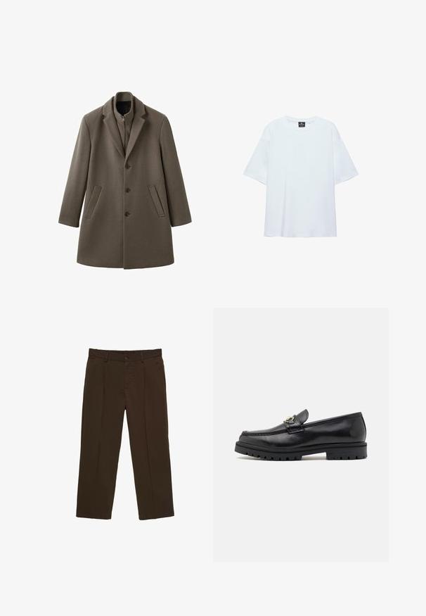 Manteau à simple boutonnage en mélange de laine brun foncé, doté d'un col à revers cranté, de manches longues et de deux poches latérales.; T-shirt blanc uni oversize à manches courtes avec col rond et étiquette noire à l'intérieur du col sur fond blanc.; Pantalon droit marron foncé avec passants de ceinture, fermeture par boutons sur le devant, poches latérales et plis sur le devant.; Mocassins en cuir noir avec une finition lisse, bout rond, une sangle décorative avec des accessoires en or, et une semelle noire robuste.